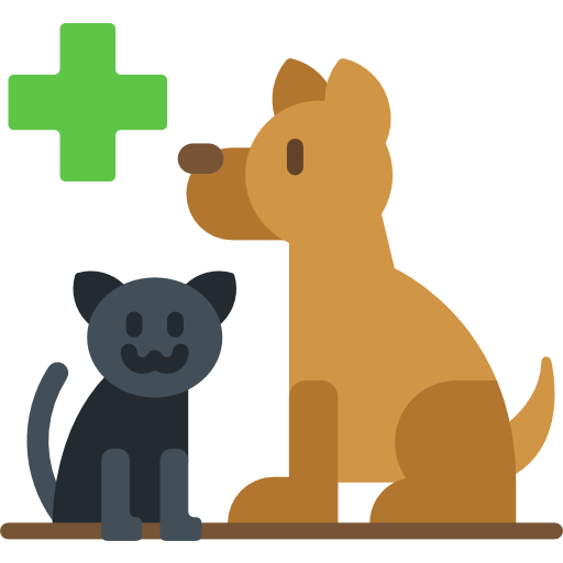 A cartoon-style dog and cat sit next to a green medical cross, symbolizing animal health and veterinary care.