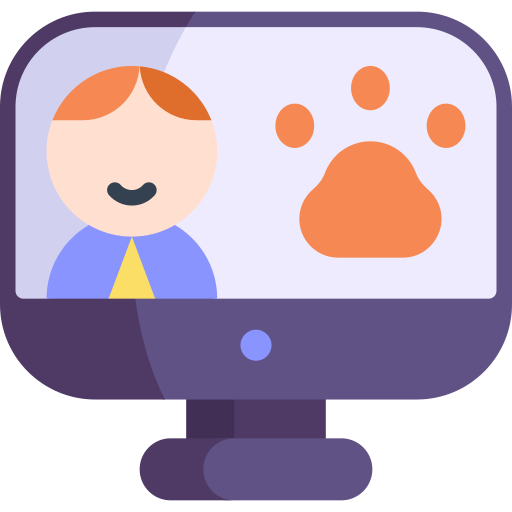 Child smiling on a computer screen, with a cartoon animal paw print beside them. Represents virtual learning or online interaction related to pets.